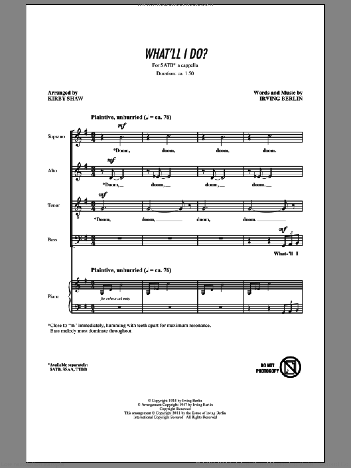 What'll I Do sheet music for choir (SATB: soprano, alto, tenor, bass) by Irving Berlin and Kirby Shaw, intermediate skill level