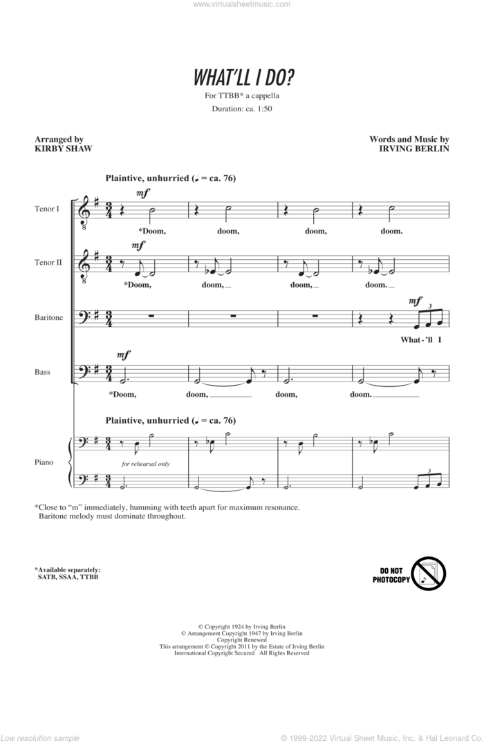 What'll I Do sheet music for choir (TTBB: tenor, bass) by Irving Berlin and Kirby Shaw, intermediate skill level