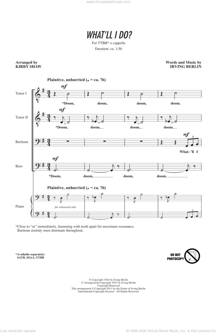 What'll I Do sheet music for choir (TTBB: tenor, bass) by Irving Berlin and Kirby Shaw, intermediate skill level