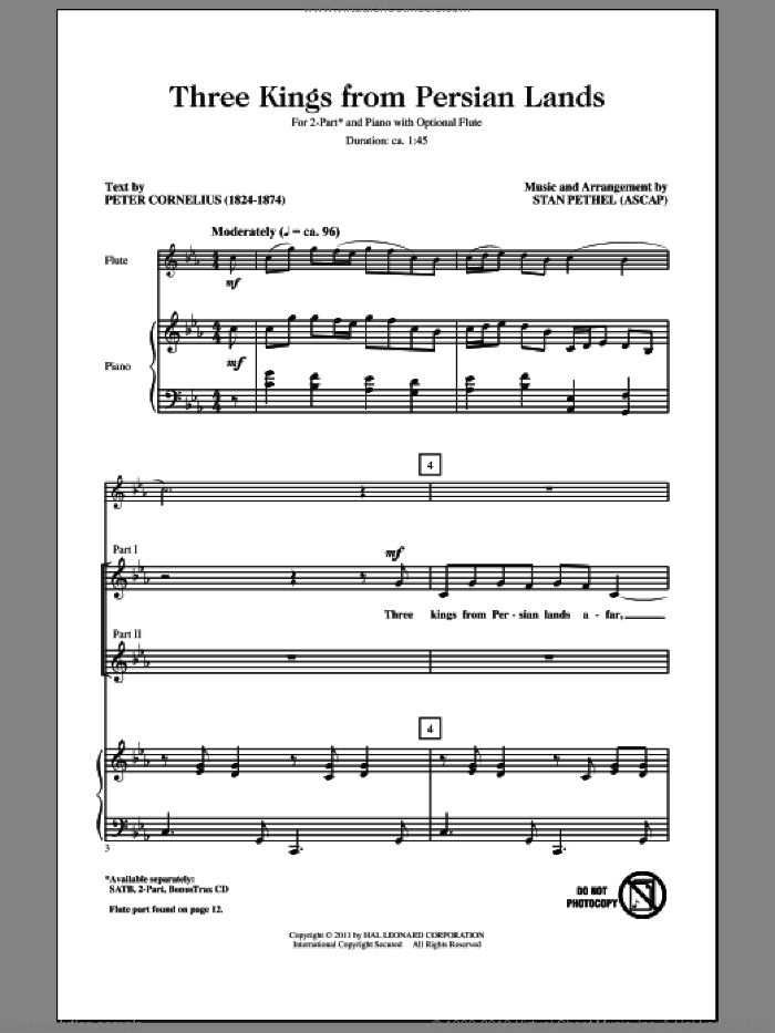 Three Kings From Persian Lands sheet music for choir (2-Part) by Stan Pethel and Peter Cornelius, intermediate duet