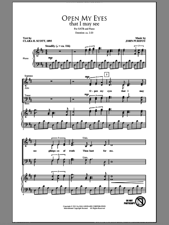 Open My Eyes, That I May See sheet music for choir (SATB: soprano, alto, tenor, bass) by Clara H. Scott and John Purifoy, intermediate skill level
