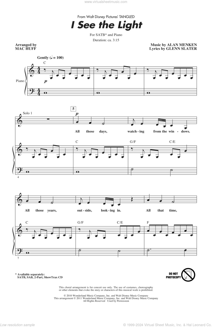 I See The Light (from Disney's Tangled) (arr. Mac Huff) sheet music for choir (SATB: soprano, alto, tenor, bass) by Alan Menken, David Slater and Mac Huff, intermediate skill level