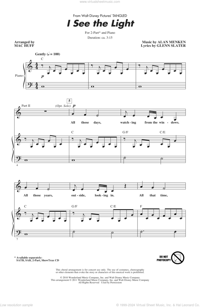 I See The Light (from Tangled) (arr. Mac Huff) sheet music for choir (2-Part) by Alan Menken, David Slater and Mac Huff, intermediate duet