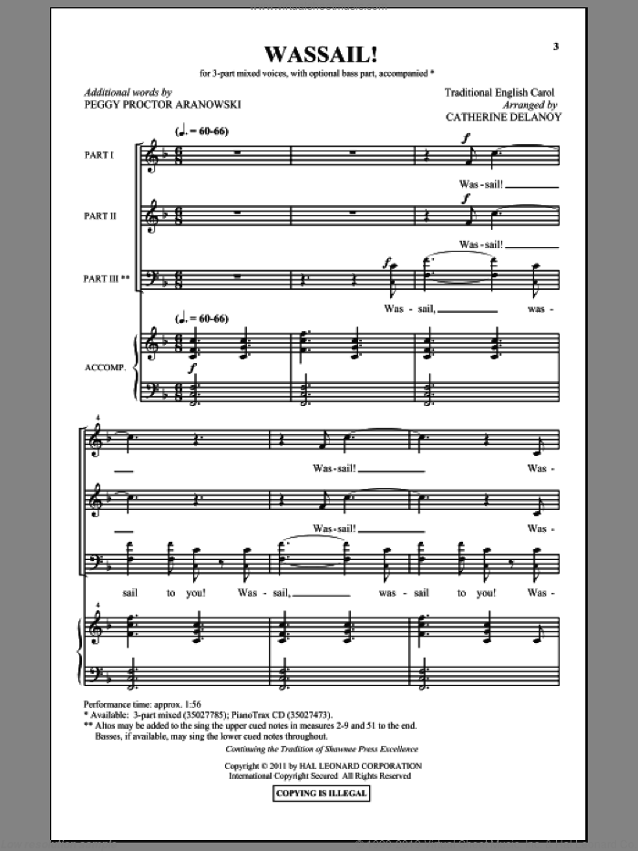 Wassail! sheet music for choir (3-Part Mixed) by Catherine Delanoy, Peggy Proctor Aranowski and Miscellaneous, intermediate skill level