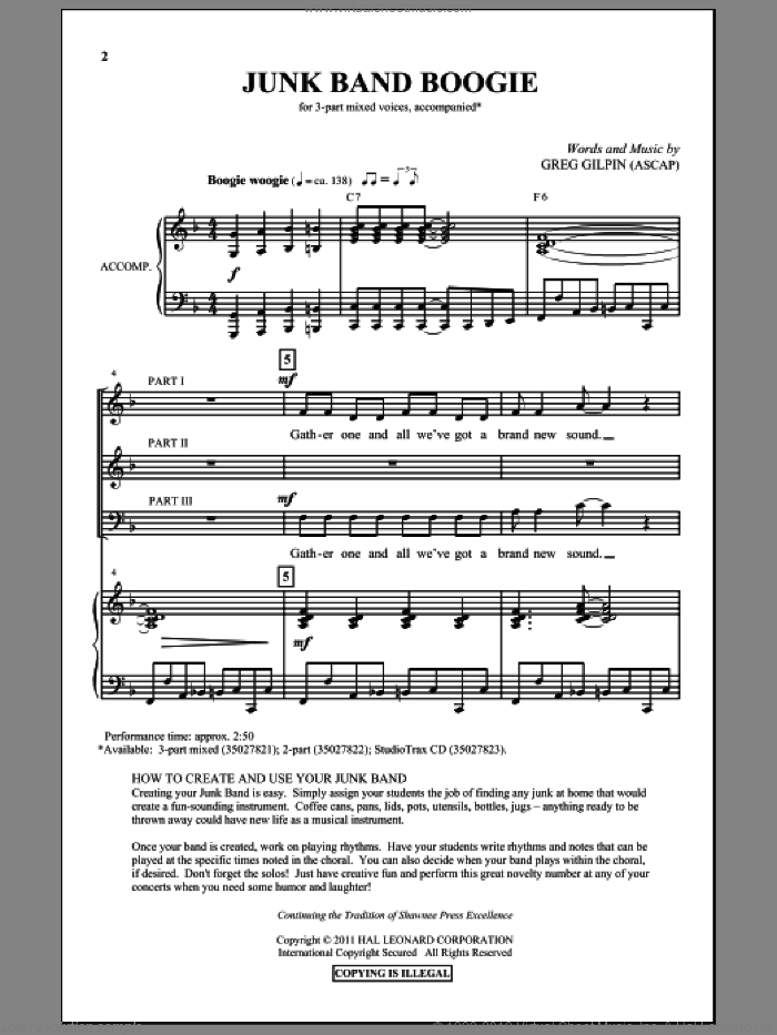 Junk Band Boogie sheet music for choir (3-Part Mixed) by Greg Gilpin, intermediate skill level