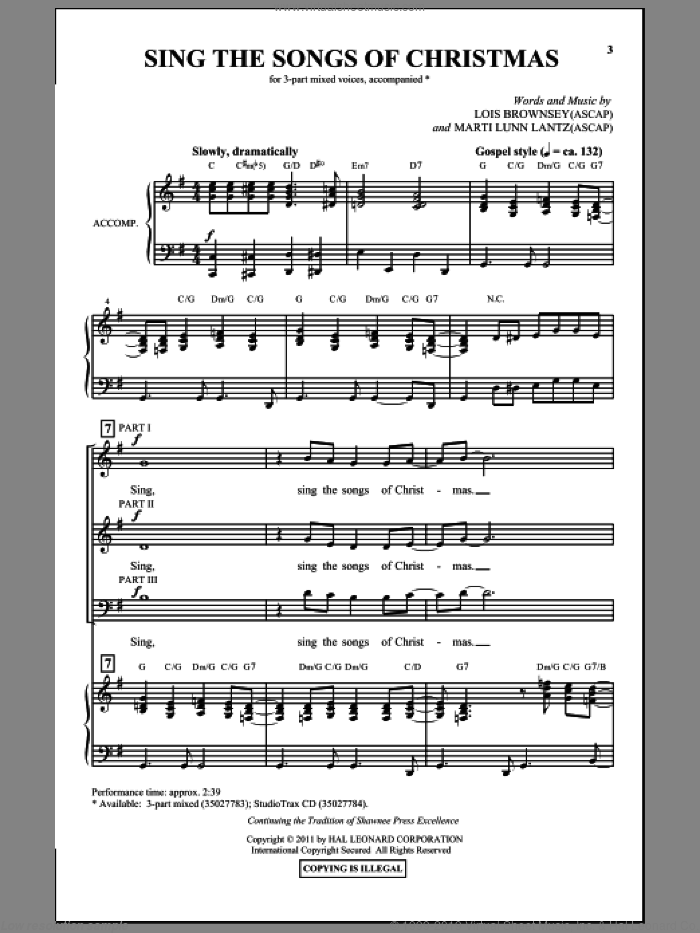 Sing The Songs Of Christmas sheet music for choir (3-Part Mixed) by Lois Brownsey and Marti Lunn Lantz, intermediate skill level