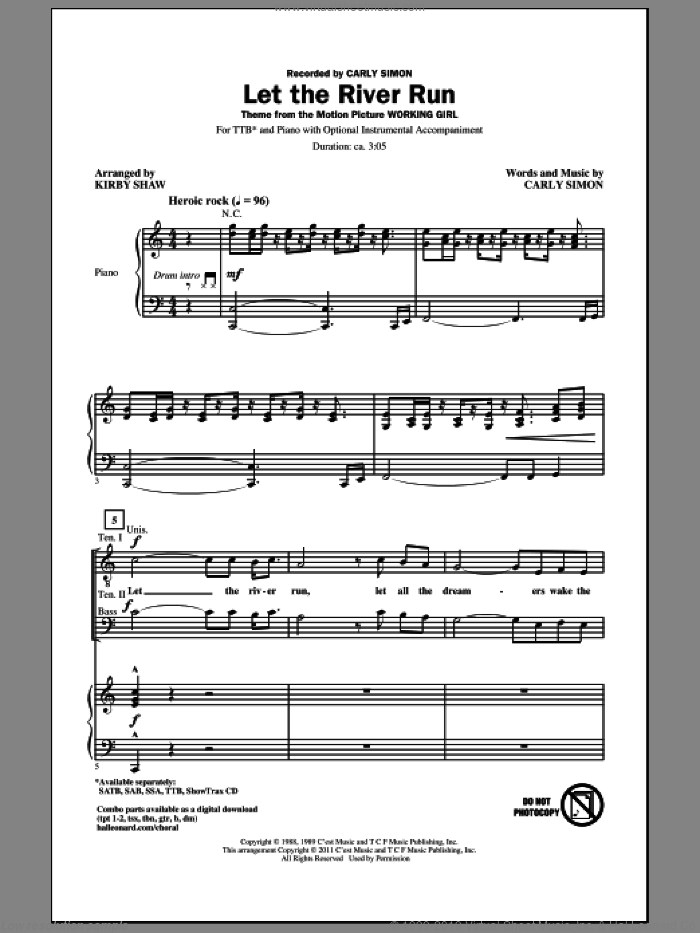 Let The River Run sheet music for choir (TTBB: tenor, bass) by Carly Simon and Kirby Shaw, intermediate skill level