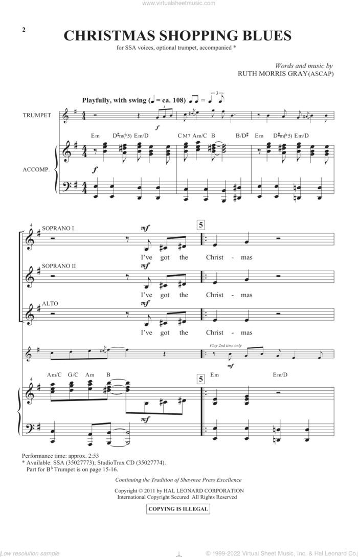 Christmas Shopping Blues sheet music for choir (SSA: soprano, alto) by Ruth Morris Gray, intermediate skill level