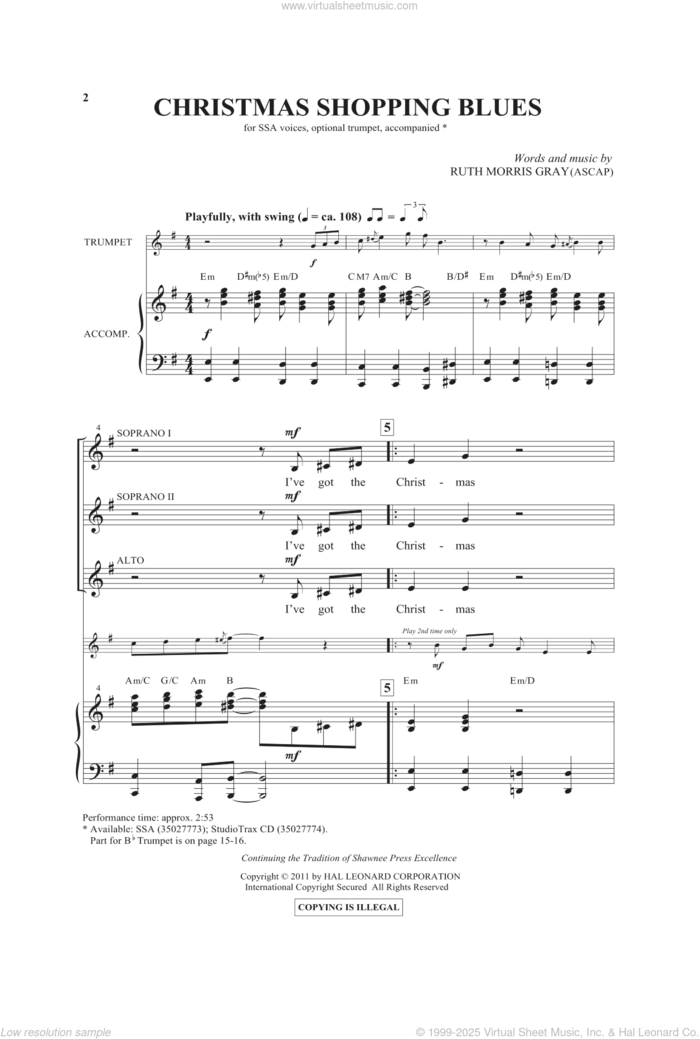 Christmas Shopping Blues sheet music for choir (SSA: soprano, alto) by Ruth Morris Gray, intermediate skill level