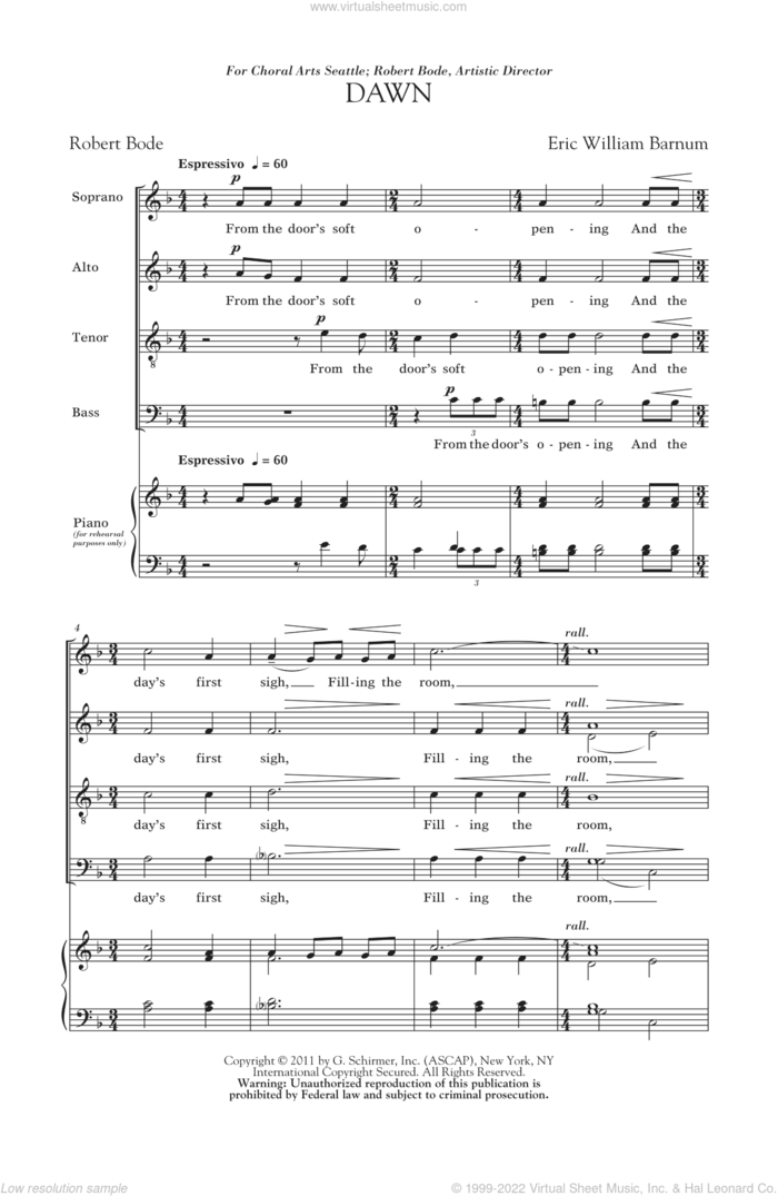 Dawn sheet music for choir (SATB: soprano, alto, tenor, bass) by Eric William Barnum and Robert Bode, intermediate skill level