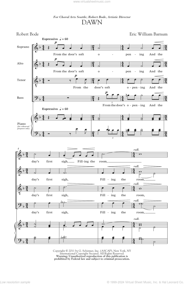 Dawn sheet music for choir (SATB: soprano, alto, tenor, bass) by Eric William Barnum and Robert Bode, intermediate skill level