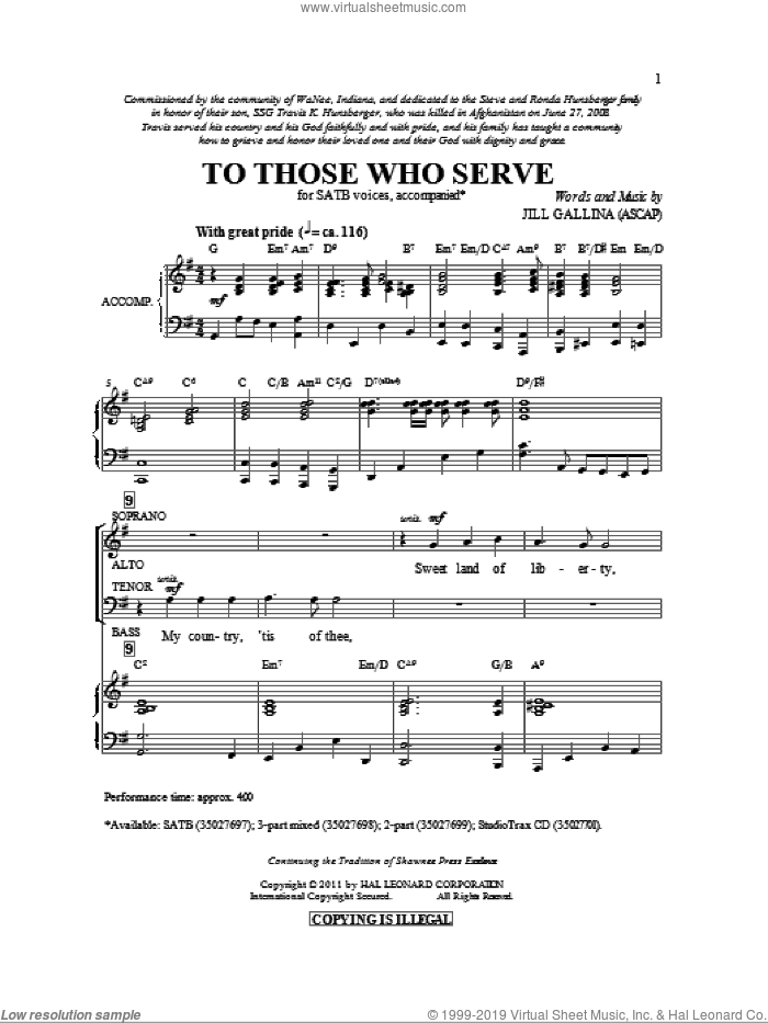 To Those Who Serve sheet music for choir (SATB: soprano, alto, tenor, bass) by Jill Gallina, intermediate skill level