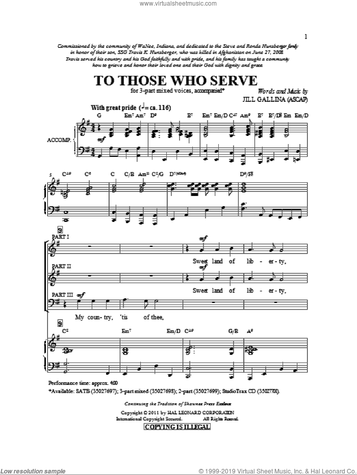To Those Who Serve sheet music for choir (3-Part Mixed) by Jill Gallina, intermediate skill level