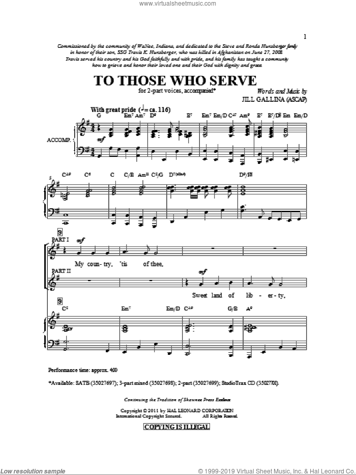 To Those Who Serve sheet music for choir (2-Part) by Jill Gallina, intermediate duet