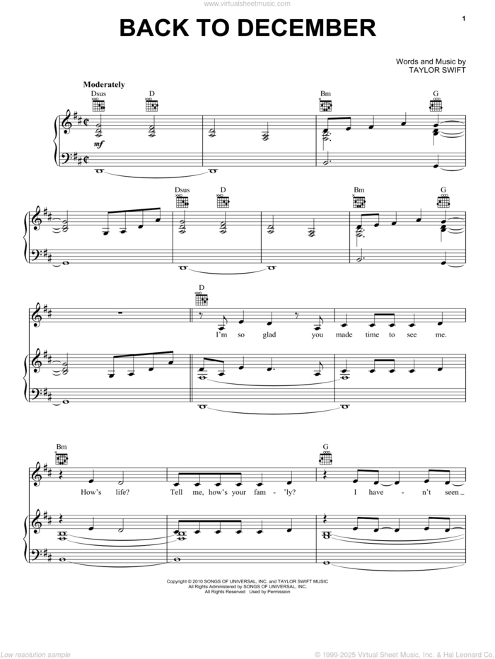 Back To December sheet music for voice, piano or guitar by Taylor Swift, intermediate skill level