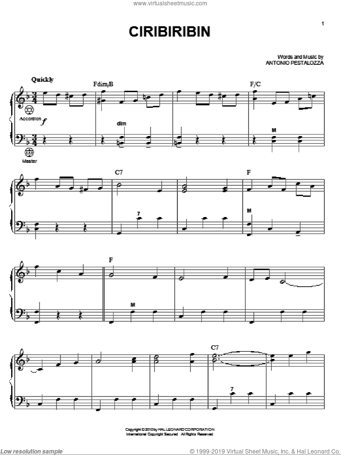Ciribiribin sheet music for accordion by Antonio Pestalozza, intermediate skill level