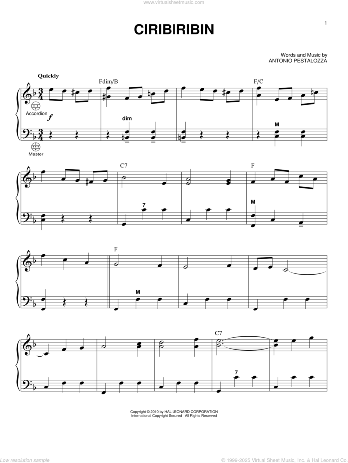 Ciribiribin sheet music for accordion by Antonio Pestalozza, intermediate skill level