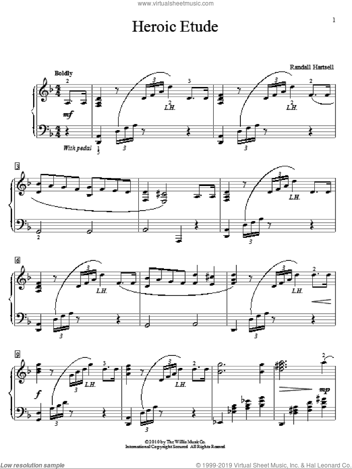 Heroic Etude sheet music for piano solo (elementary) by Randall Hartsell, classical score, beginner piano (elementary)