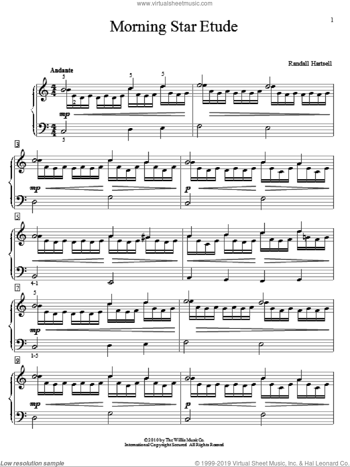 Morning Star Etude sheet music for piano solo (elementary) by Randall Hartsell, classical score, beginner piano (elementary)