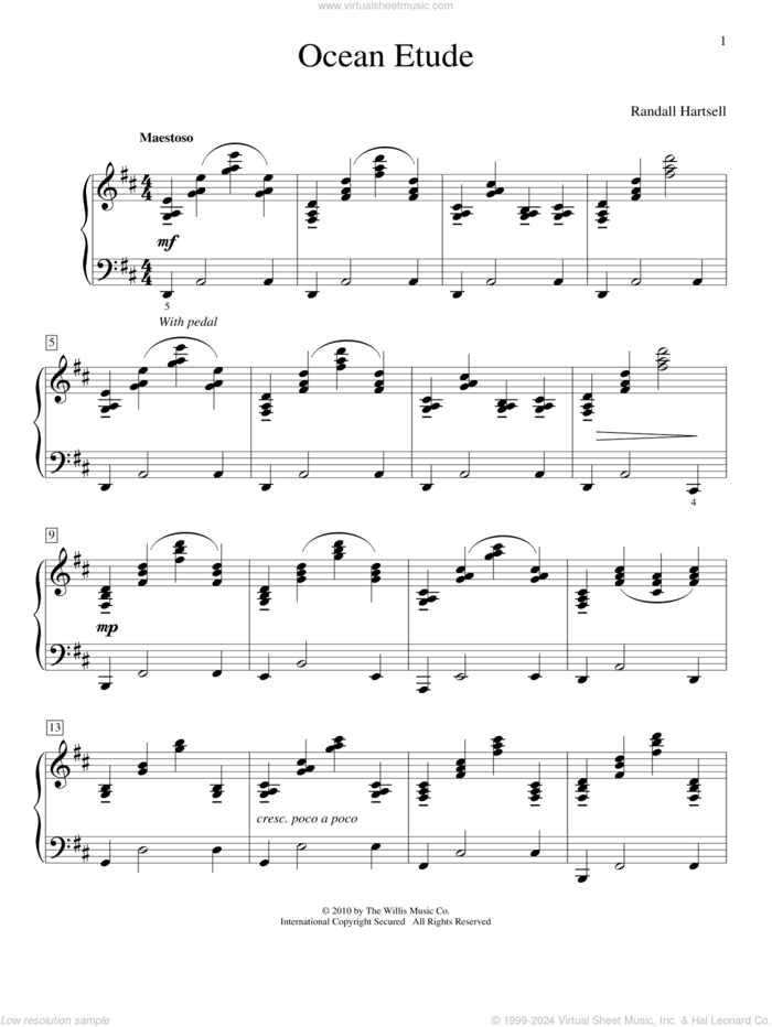 Ocean Etude sheet music for piano solo (elementary) by Randall Hartsell, classical score, beginner piano (elementary)