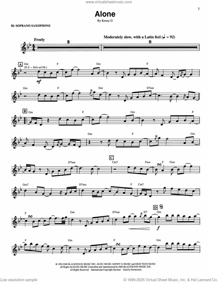 Alone sheet music for soprano saxophone solo (transcription) by Kenny G, intermediate soprano saxophone (transcription)