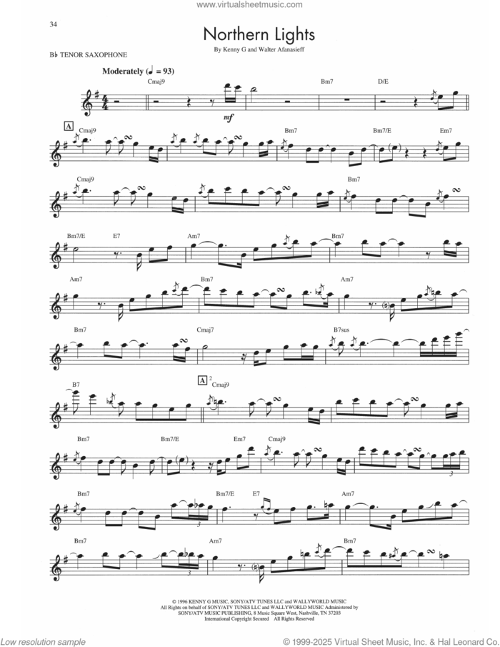 Northern Lights sheet music for tenor saxophone solo (transcription) by Kenny G and Walter Afanasieff, intermediate tenor saxophone (transcription)
