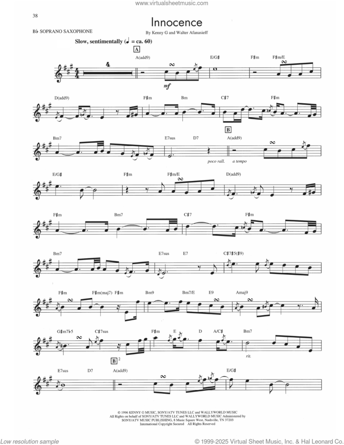 Innocence sheet music for soprano saxophone solo (transcription) by Kenny G and Walter Afanasieff, intermediate soprano saxophone (transcription)