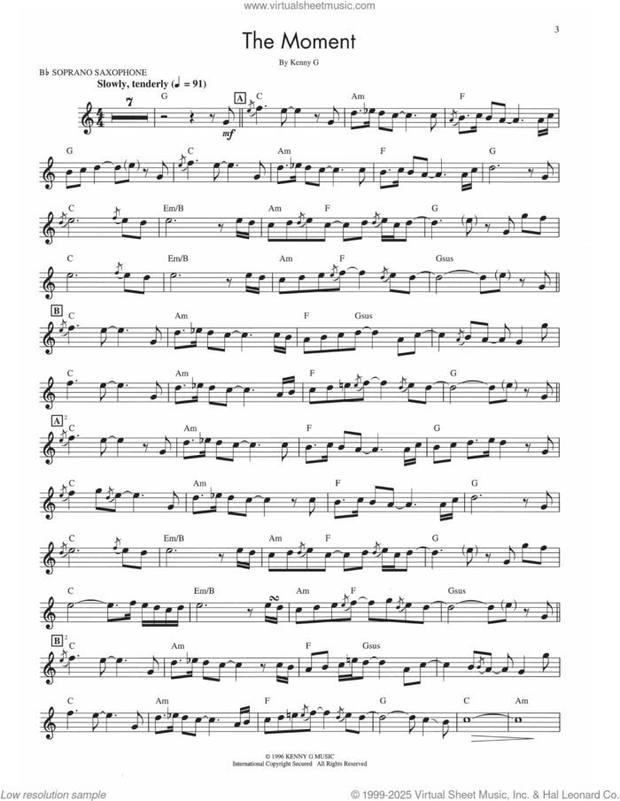 The Moment sheet music for soprano saxophone solo (transcription) by Kenny G, intermediate soprano saxophone (transcription)