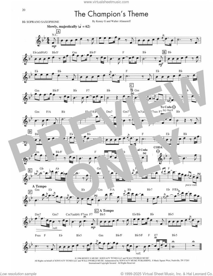 The Champion's Theme sheet music for soprano saxophone solo (transcription) by Kenny G and Walter Afanasieff, intermediate soprano saxophone (transcription)