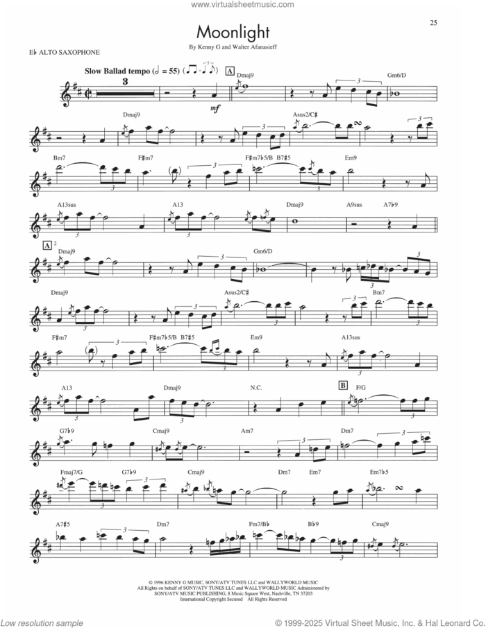 Moonlight sheet music for alto saxophone (transcription) by Kenny G and Walter Afanasieff, intermediate skill level
