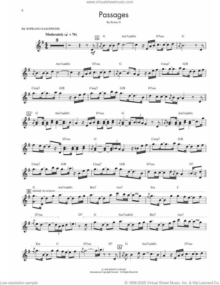 Passages sheet music for soprano saxophone solo (transcription) by Kenny G, intermediate soprano saxophone (transcription)