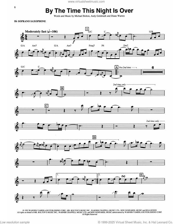 By The Time This Night Is Over sheet music for soprano saxophone solo (transcription) by Kenny G, Andy Goldmark, Diane Warren and Michael Bolton, intermediate soprano saxophone (transcription)