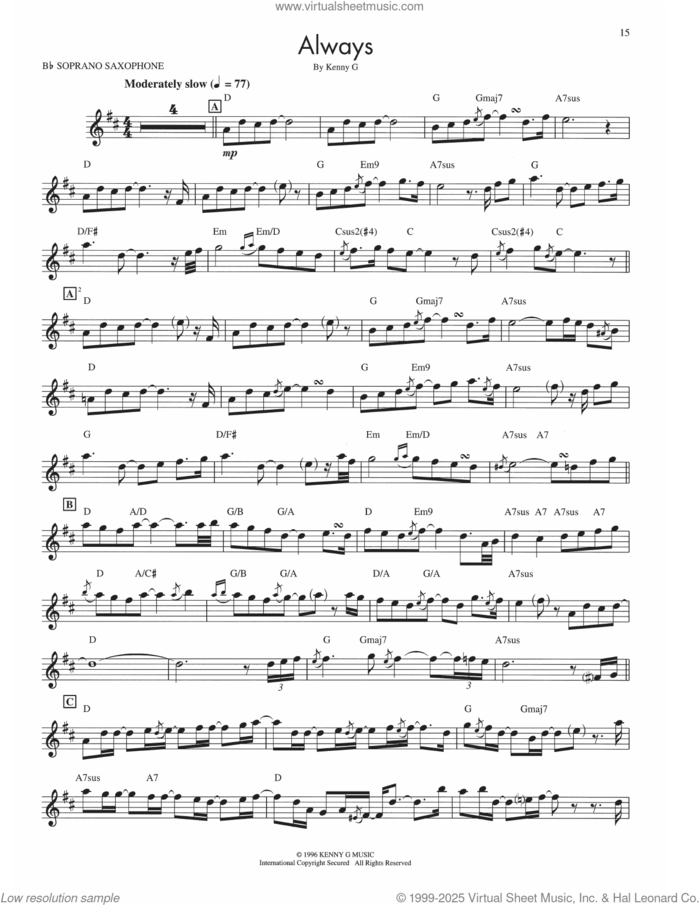 Always sheet music for soprano saxophone solo (transcription) by Kenny G, intermediate soprano saxophone (transcription)