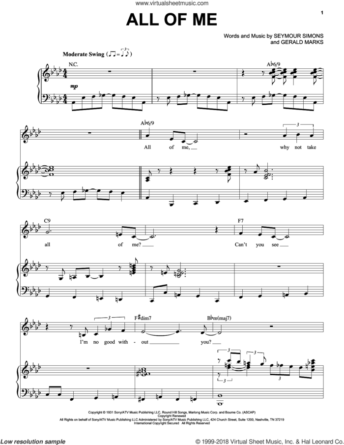 All Of Me sheet music for voice and piano by Frank Sinatra, Gerald Marks and Seymour Simons, intermediate skill level
