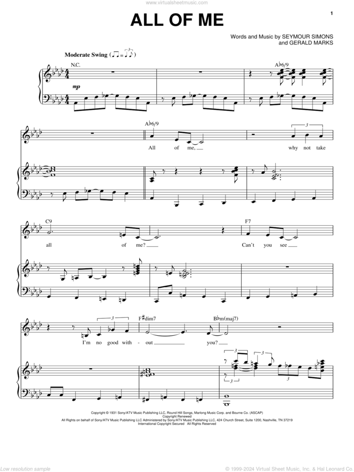 All Of Me sheet music for voice and piano by Frank Sinatra, Gerald Marks and Seymour Simons, intermediate skill level