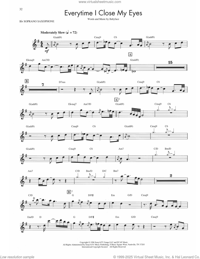 Everytime I Close My Eyes sheet music for soprano saxophone solo (transcription) by Kenny G and Babyface, intermediate soprano saxophone (transcription)