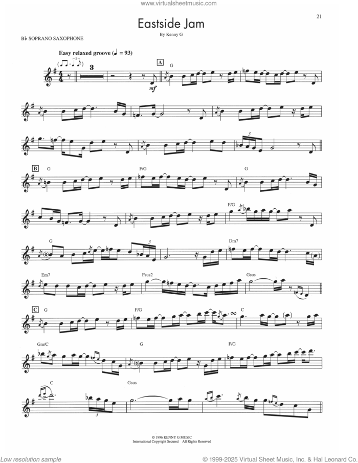 Eastside Jam sheet music for soprano saxophone solo (transcription) by Kenny G, intermediate soprano saxophone (transcription)