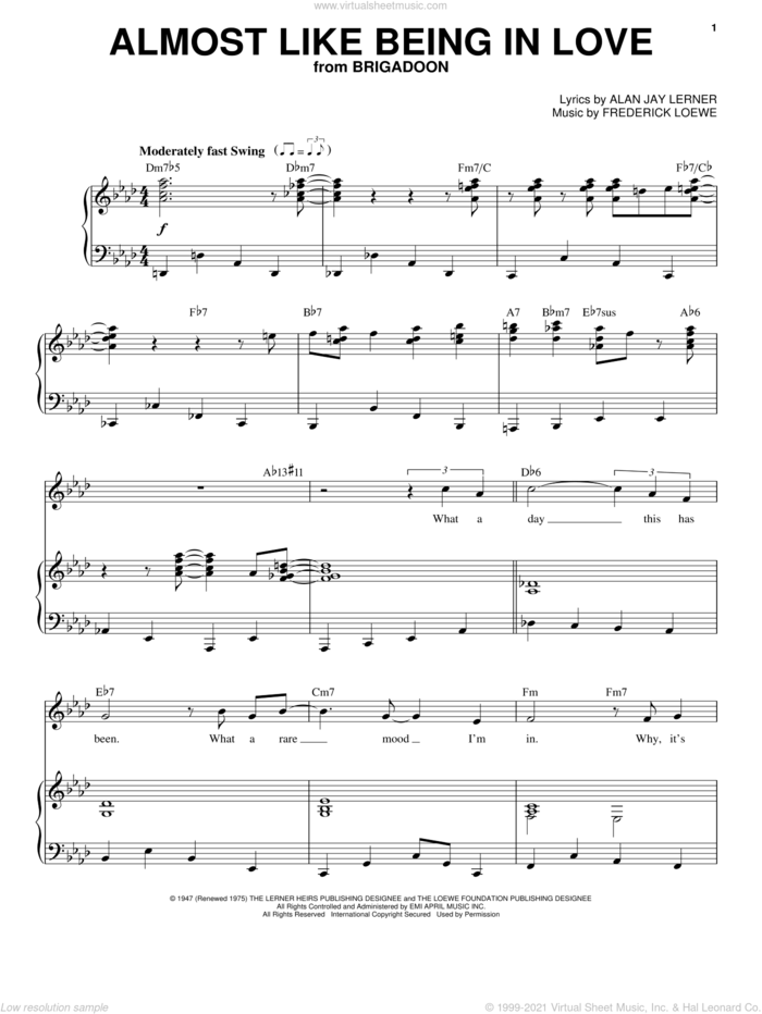 Almost Like Being In Love sheet music for voice and piano by Frank Sinatra, Alan Jay Lerner and Frederick Loewe, intermediate skill level