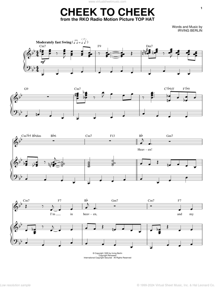 Cheek To Cheek sheet music for voice and piano by Frank Sinatra and Irving Berlin, intermediate skill level