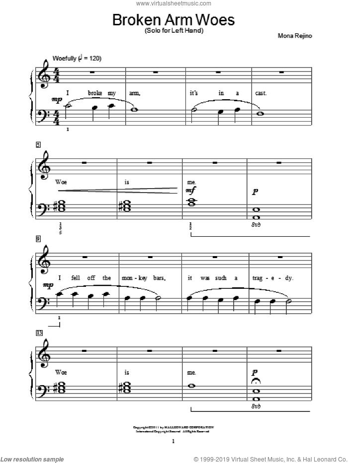 Broken Arm Woes sheet music for piano solo (elementary) by Mona Rejino and Miscellaneous, beginner piano (elementary)