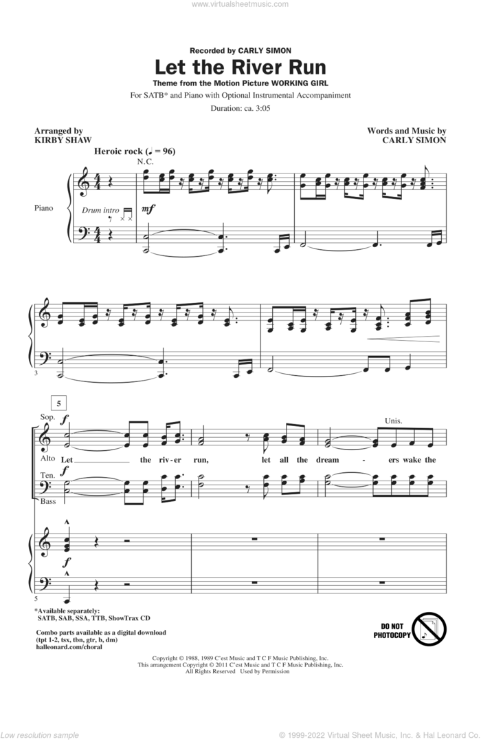 Let The River Run sheet music for choir (SATB: soprano, alto, tenor, bass) by Carly Simon and Kirby Shaw, intermediate skill level