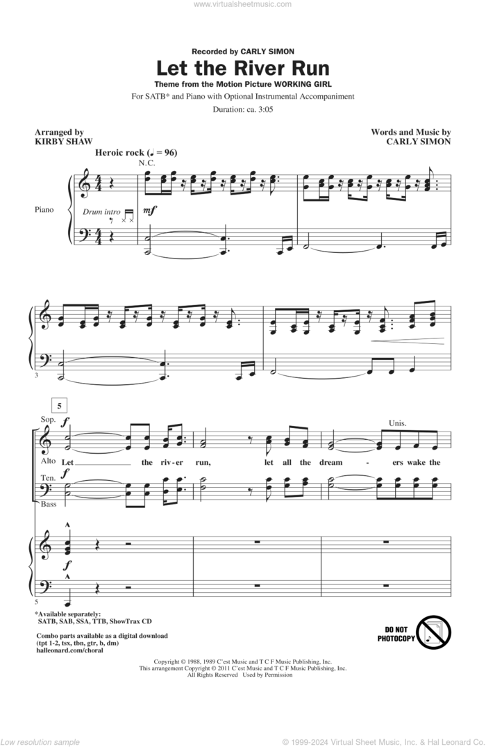 Let The River Run sheet music for choir (SATB: soprano, alto, tenor, bass) by Carly Simon and Kirby Shaw, intermediate skill level