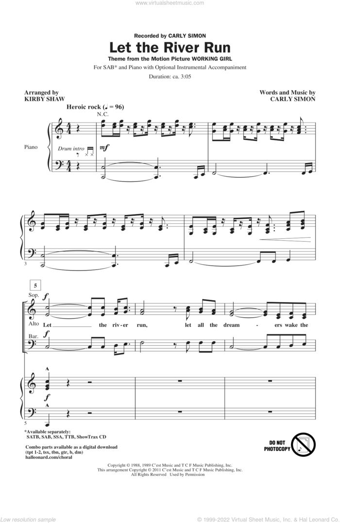 Let The River Run sheet music for choir (SAB: soprano, alto, bass) by Carly Simon and Kirby Shaw, intermediate skill level