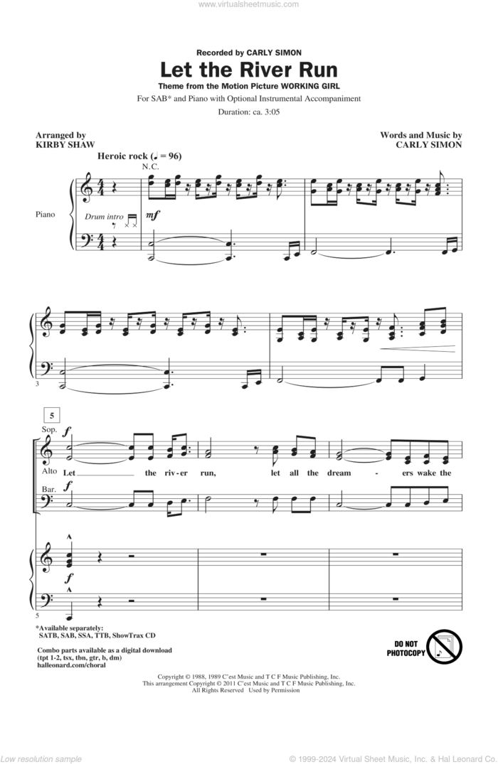 Let The River Run sheet music for choir (SAB: soprano, alto, bass) by Carly Simon and Kirby Shaw, intermediate skill level