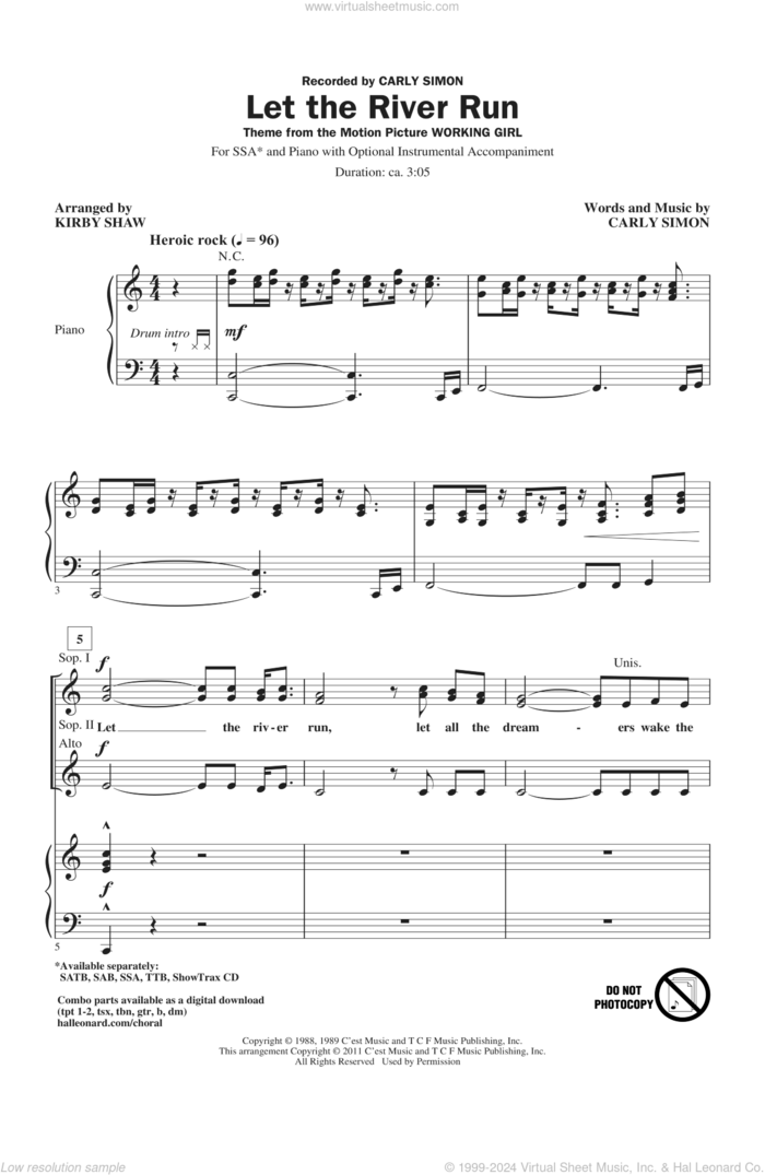 Let The River Run sheet music for choir (SSA: soprano, alto) by Carly Simon and Kirby Shaw, intermediate skill level