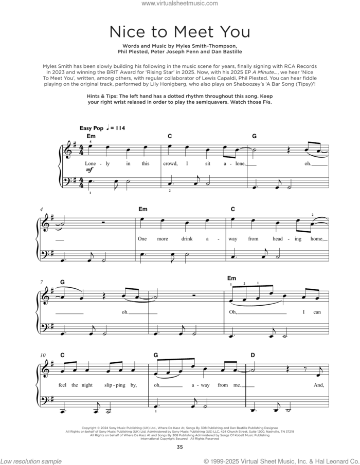 Nice To Meet You, (beginner) sheet music for piano solo by Myles Smith, Dan Bastille, Myles Smith-Thompson, Peter Joseph Fenn and Phil Plested, beginner skill level
