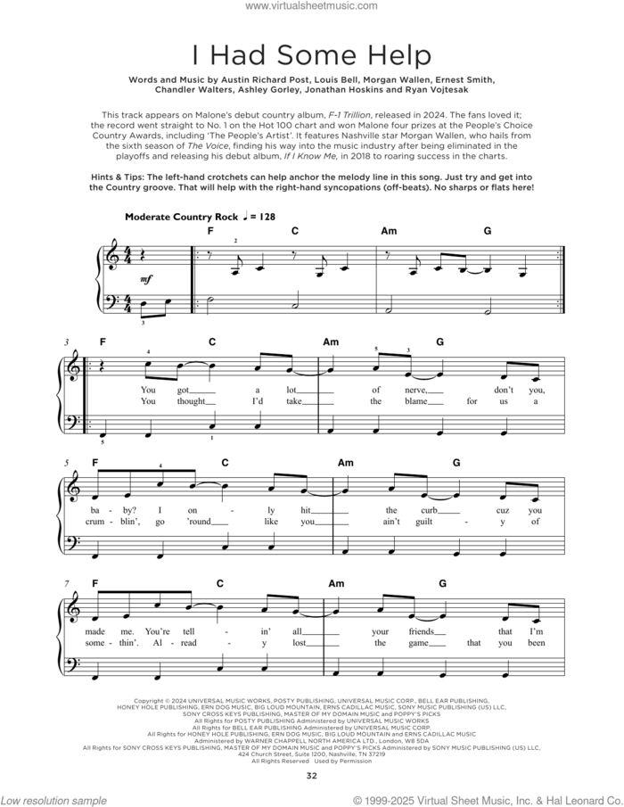I Had Some Help (feat. Morgan Wallen), (beginner) sheet music for piano solo by Post Malone, Ashley Glenn Gorley, Austin Richard Post, Chandler Walters, Ernest Smith, Jonathan Hoskins, Louis Bell, Morgan Wallen and Ryan Vojtesak, beginner skill level