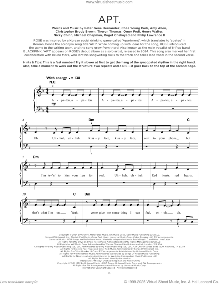 APT., (beginner) sheet music for piano solo by ROSÉ & Bruno Mars, Amy Allen, Chae Young Park, Christopher Brody Brown, Henry Walter, Mike Chapman, Nicholas Chinn (Nicky Chinn), Omer Fedi, Peter Gene Hernandez, Philip Lawrence II, Roget Chahayed and Theron Thomas, beginner skill level