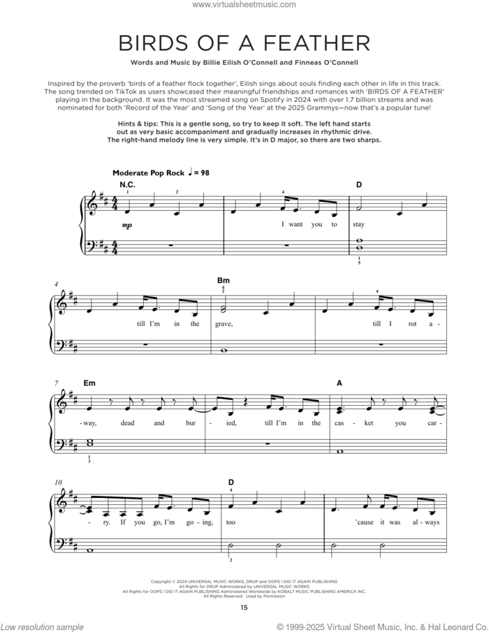 Birds Of A Feather sheet music for piano solo by Billie Eilish, beginner skill level