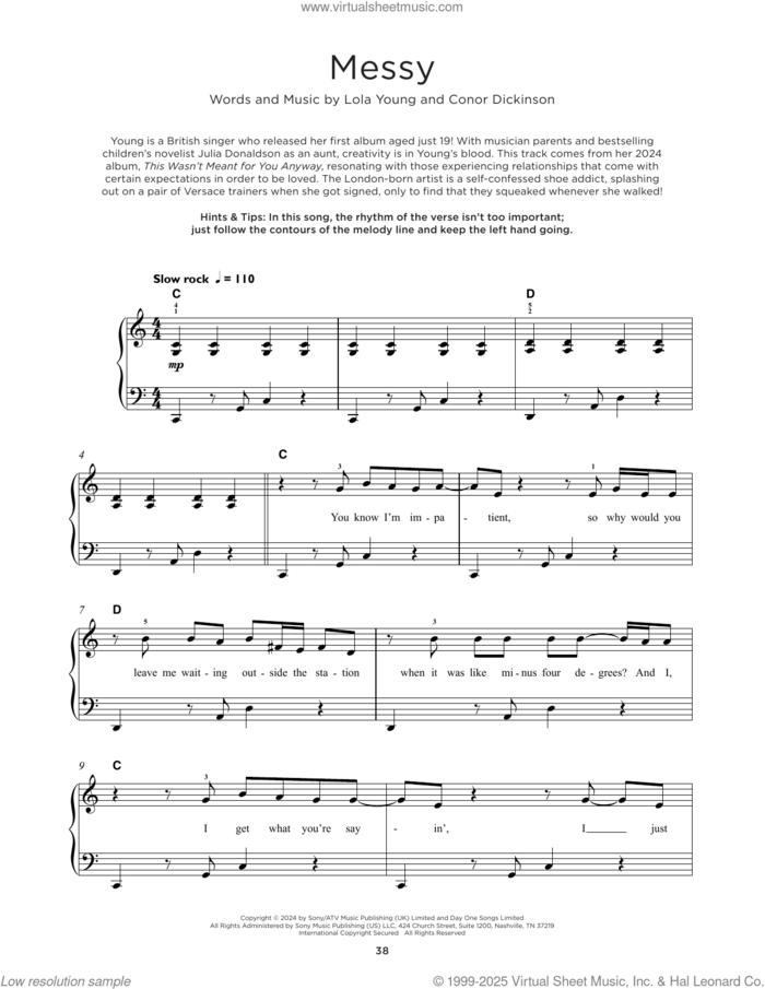 Messy, (beginner) sheet music for piano solo by Lola Young and Conor Dickinson, beginner skill level
